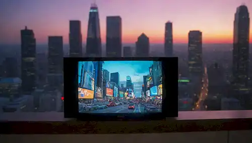 Pantallas de TV con diseños elegantes, interfaces coloridas y detalles intrincados, rodeados de vibrantes fondos, con paisajes urbanos futuristas o paisajes serenos, destacando avances tecnológicos, diseños innovadores y pantallas de alta calidad