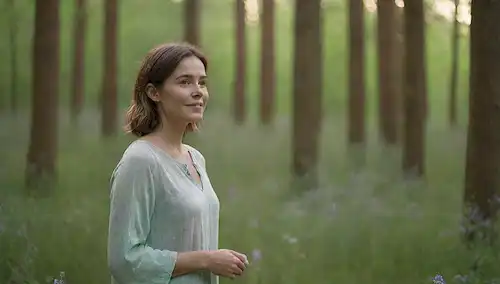 Una mujer serena, posiblemente a mediados de los 30, con una sonrisa suave, de pie en un bosque tranquilo, rodeado de flores silvestres florecientes, con un resplandor verde sutil que emana de dentro de su cuerpo, simbolizando equilibrio y armonía