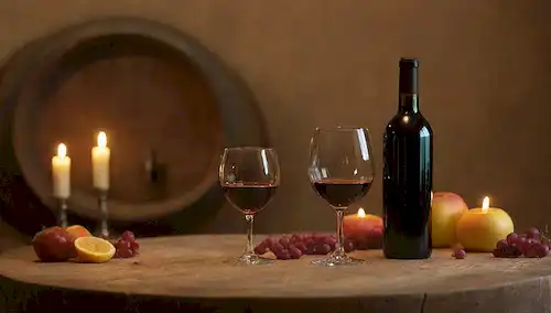 Una mesa de madera rústica con copas de cristal, un abrevadero de vino y una botella de vino rodeada de velas, flores o una cesta de frutas; una hermosa y antigua barrica de vino en el fondo; una rica y cálida paleta de colores con tonos terrenales; enfoque suave para evocar intimidad y calidez