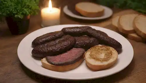 Un plato de morcilla (salchicha de sangre) servido con pan tostado y cebollas caramelizadas, rodeado de perejil fresco y una mesa rústica, con una iluminación caliente, una tabla de madera como fondo, y unas cuantas baguettes cortadas en el lado