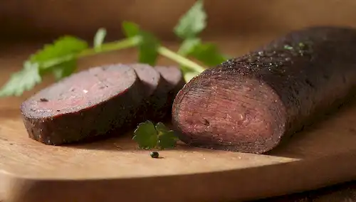 rodajas de pudín negro iberiano en una tabla de madera rústica, adornada con perejil fresco y gotas de aceite de oliva, con un fondo dorado cálido, con sombras sutiles y enfoque suave, evocando un sentido de autenticidad y cocina española tradicional