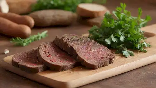 tabla de corte rústica de madera con rodajas de morcilla, nueces de piñón dispersas, plataformas de perejil verde vibrante, copos de paprika rojo oscuro, algunos dientes de ajo, y una rodaja de pan crujiente en el fondo, contra un fondo cálido de tono terrenal
