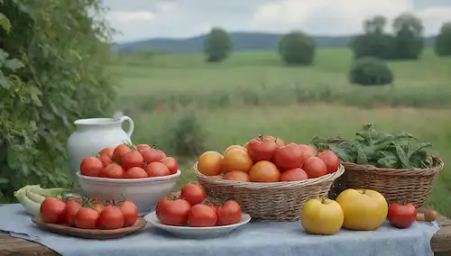 Un ambiente cálido y acogedor al aire libre con, una colorida variedad de verduras, una mesa de madera rústica, una canasta llena de tomates frescos, un cielo azul vibrante con nubes blancas hinchadas, una suave luz que cae de arriba, una hermosa jarra de antigüedad o un tazón que contiene una sopa refrigerada, y algunas servilletas dispersas en tonos terrenales