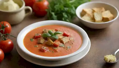 Un plato colorido, fondo rústico, verduras vibrantes, tomates jugosos, croutones esparcidos, cuchara de sopa refrigerada, adornar con hierbas frescas, luz solar cálida, tonos terrenales