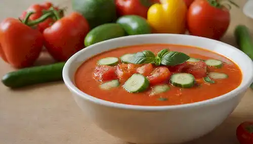 Un cuenco vibrante y colorido de sopa refrigerada, rebosante de verduras frescas como tomates jugosos, pepinos y pimientos de campana, adornados con una espolvor de croutones y unas cuantas hierbas fragantes, sobre un fondo cálido y dorado
