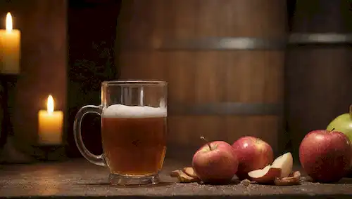 Barcos de madera, fondo rústico de madera, colores otoñales, manzanas de sidra, vasos de vidrio, líquido vertido, cabeza de espuma, atmósfera festiva, luz de vela, y un resplandor cálido