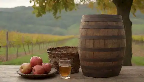 barricas de sidra, mesas rústicas de madera, vasos llenos de espuma, cestas de manzanas, un paisaje viñedo, arquitectura tradicional asturiana y vasca, hojas de otoño, y un resplandor cálido