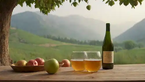 barricas de sidra, mesas rústicas de madera con vasos y botellas, paisajes maliciosos de montaña, manzanas o manzanos en el fondo, iluminación cálida, colores naturales, y una sensación de encanto rústico