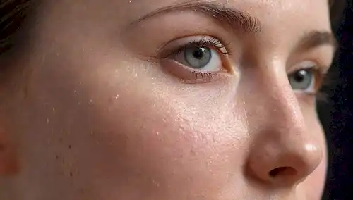ilustración 3D de un cuerpo humano, acercamiento en la piel facial, poros hidratados y tez brillante, rodeado de sutiles wisps de moléculas de ácido hialurónico, con colores suaves, iluminación suave y detalles intrincados