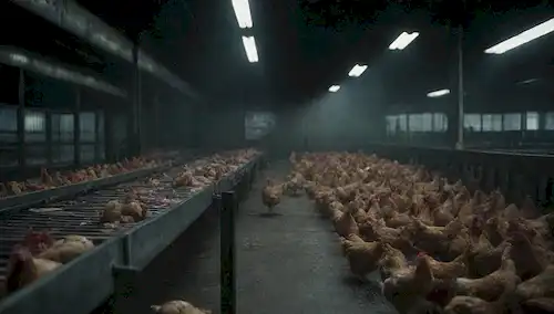 Un interior de fábrica oscura con cintas transportadoras