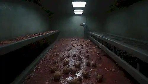 Un interior de matadero oscurecido con pollos vivos esparcidos en el suelo, una cinta transportadora en el fondo, un trabajador que llega a un pájaro que lucha, un suelo manchado de sangre, y una fuente de luz débil que arroja un resplandor lencería