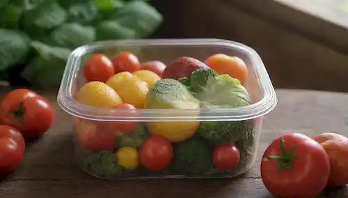 Un contenedor con tapa transparente, rodeado de frutas y verduras coloridas, sobre una mesa de madera rústica, iluminada por una luz natural cálida, con un ligero borrón para enfatizar la textura, transmitiendo frescura y solidez