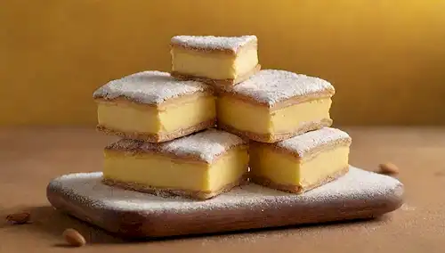 ilustraciones 3D de turrones suaves y duros apilados encima uno del otro, con un fondo amarillo brillante, bordes dorados, una rociada de azúcar en polvo, unas cuantas almendras sueltas, una tabla de madera rústica o una placa debajo