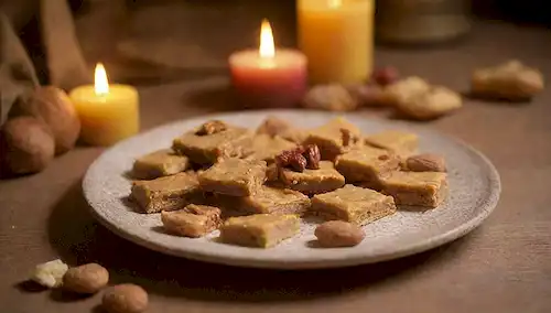 Un plato con una variedad de dulces y dulces, piezas de turrón dorado, unas pocas nueces, frutos secos y galletas pequeñas, dispuestas en un patrón decorativo sobre un mantel rústico de madera, bajo iluminación suave y cálida, con unas pocas velas festivas iluminadas en el fondo