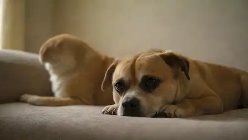 Dos animales, posiblemente perros y gatos, sentados juntos en un sofá o cama con sus cabezas inclinadas, rodeados de suave iluminación de fondo, sombras sutiles, transmitiendo tristeza, pérdida, dolor, compañerismo, comodidad, vulnerabilidad