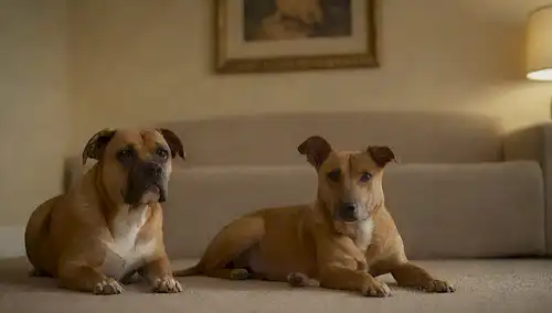 2 animales sentados juntos en un sofá, uno mirando triste y el otro con la cabeza apagado, un cuenco vacío en el suelo, un marco de imagen apagado en el fondo, sombras en la pared, iluminación suave, colores cálidos