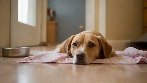 Un perro destrozado en el suelo rodeado de su cuenco de comida vacía y agua, unos pocos juguetes esparcidos alrededor de él, una manta desgarradora, un marco de imagen apagado con una foto querida de mascotas, un gato triste en el fondo mirando por la ventana, o una luz caliente que brilla por la puerta