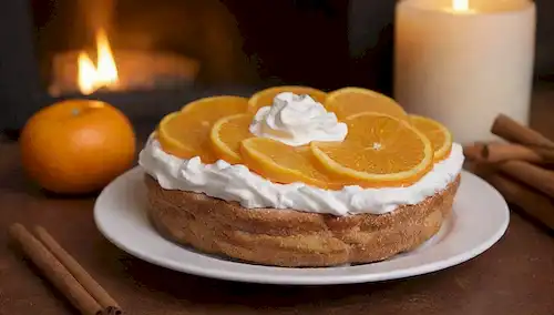 caliente, dorado, rebanadas de naranja vibrante, delicados palos de canela, suave, crema batida suave, arreglada intrincadamente, diseño de pastelería ornamental, hojas otoñales, mesa de madera rústica, chimenea en el fondo