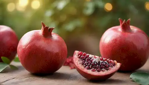 granadas maduras sobre una mesa de madera, luz dorada que se derrama desde el lado, fruta fresca y hojas dispersas alrededor, ambiente otoñal con tonos cálidos, colores vibrantes de la fruta sobre fondo terrenal, invitando textura