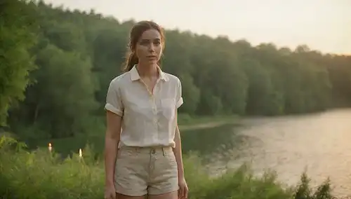 Una persona que llevaba una camisa de colores claros y pantalones cortos, de pie cerca de un cuerpo de agua, rodeada de exuberante vegetación, con velas de citronella dispersas alrededor de ellos, unos mosquitos volando cerca, la cálida luz del sol echando un suave resplandor, y una sutil neblina en el aire
