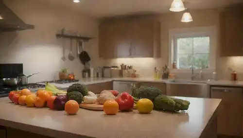 Cocina limpia con electrodomésticos de acero inoxidable, verduras frescas y frutas en el mostrador, un sombrero de cocineros y un delantal colgando en la espalda, utensilios perfectamente dispuestos en ganchos, una tabla de corte limpia y cuchillo, un fregadero y grifo brillante, una despensa de marea en el fondo, y un toque de iluminación caliente