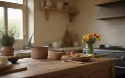 Una cocina cálida y acogedora con un aficionado que prepara una comida
