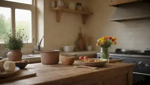 Una cocina cálida y acogedora con un aficionado que prepara una comida