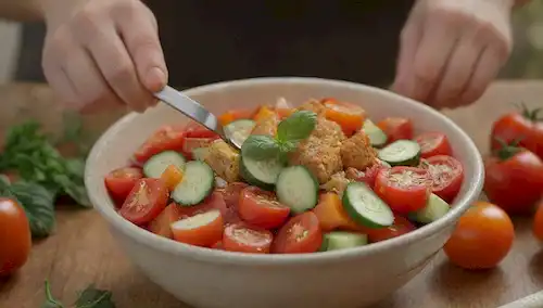 Un tazón vibrante de tomates frescos, rodajas de pepino, trozos de pimienta roja y croutones; una mano que sostiene una cuchara cerca de la superficie; un fondo borroso con hierbas y vegetación; luz caliente desde arriba; mesa de madera rústica; colores veranosos como naranja, amarillo y verde