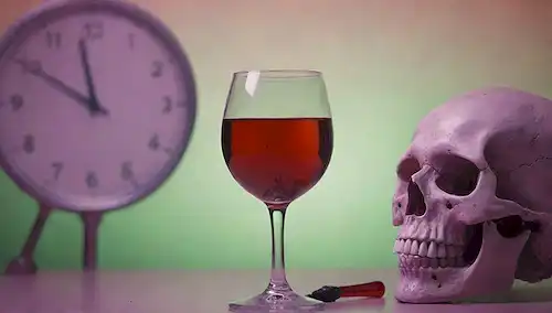 Un vaso de vino con un tinte rojo, un par de ojos abiertos, una flecha afilada perforando un cráneo, una lupa que revela pequeñas moléculas, un reloj marcando segundos, un símbolo de dolor de cabeza sobre toda la escena, un gradiente de fondo sutil que pasa de púrpura a verde, un toque de vasos sanguíneos en el cerebro, y una representación abstracta de histamina