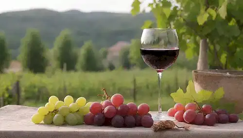 Un mantel cubierto con una vibrante copa de vino tinto