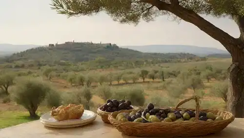 Un plato con varias botellas de aceite de oliva, un cuchillo de cocineros, una canasta de aceitunas frescas, un paisaje mediterráneo con colinas y cipreses en el fondo, luz cálida y colores rústicos