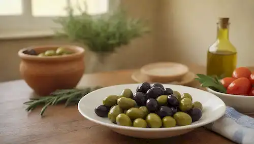 Una cálida y acogedora escena de cocina con un tazón de aceite de oliva como pieza central, rodeada de aceitunas maduras en una mesa de madera rústica, con verduras frescas y hierbas en el fondo, iluminada por suave luz natural de oro, y unos pocos utensilios dispersos alrededor para evocar una sensación de actividad culinaria