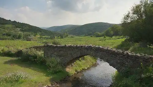Un valle del río sereno, colinas verdes cubiertas de vegetación exuberante, un puente de piedra rústica arqueando sobre una corriente de agua espumoso, viñedos desolados que se extienden hacia el horizonte, antiguas paredes de piedra que se desmoronan con la edad, flores silvestres balanceándose suavemente en la brisa