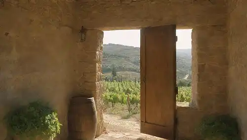 viñedos del siglo XVIII, Campamento español, colinas rodantes, antiguas paredes de piedra, exuberante vegetación, viñedos creciendo en trellises, barricas de vino en el primer plano, puertas de madera rústicas, ambiente soleado