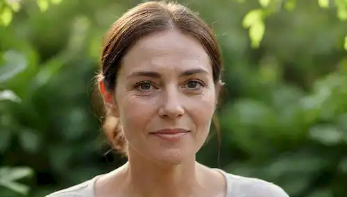 Una mujer serena con ojos tranquilos, suave sonrisa, y los músculos faciales relajados, rodeado de vegetación exuberante o un fondo tranquilo, con arrugas sutiles y líneas finas en su cara, sutilmente iluminada con luz suave y natural