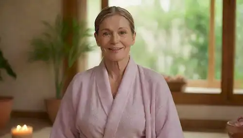 Mujer de 60 años con suave sonrisa, expresión serena y leves arrugas en la frente, la nariz y alrededor de los ojos, usando cómoda túnica o ropa suelta, sentado en un entorno tranquilo como un jardín o una sala de spa, sosteniendo un prop de yoga como un bloque o una correa, rodeado de elementos calmantes como velas, flores o vegetación
