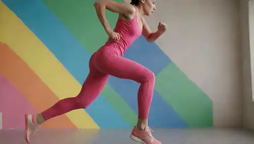 una persona en movimiento, corriendo o saltando, con colores brillantes, fondo energético, atleta en acción, centrarse en la actividad física, equipo de ejercicio cercano, pose dinámica